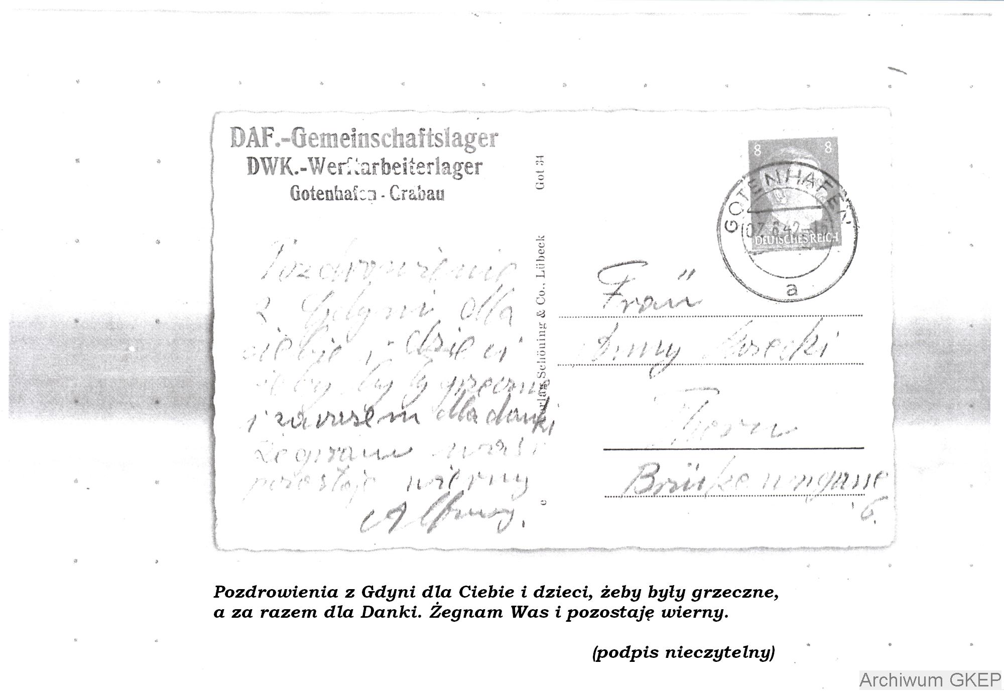 Kartka z obozu Nussdorf przekazana Gdyńskiemu Klubowi Eksploracji Podziemnej przez Pana Kaziemierza Małkowskiego